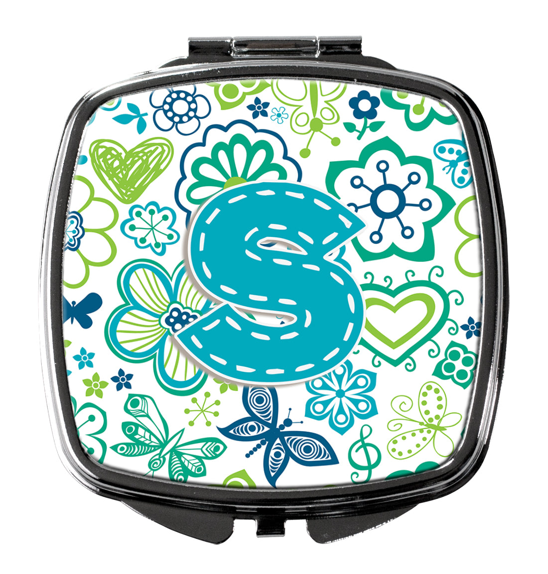 Letter S Flowers and Butterflies Teal Blue Compact Mirror CJ2006-SSCM