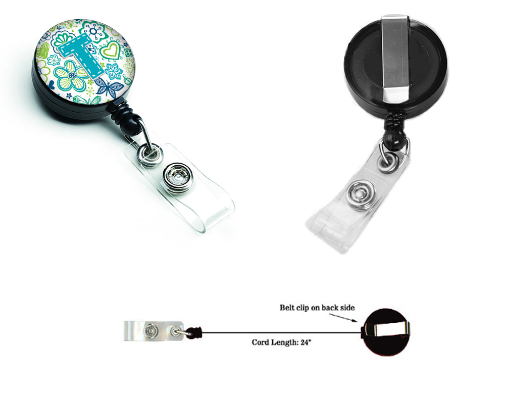 Caroline's Treasures Letter T Flowers and Butterflies Teal Blue Retractable Badge Reel CJ2006-TBR