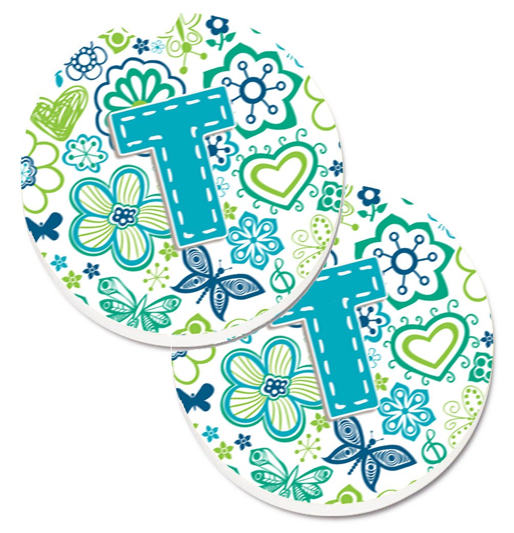 Letter T Flowers and Butterflies Teal Blue Set of 2 Cup Holder Car Coasters CJ2006-TCARC by Caroline&#39;s Treasures