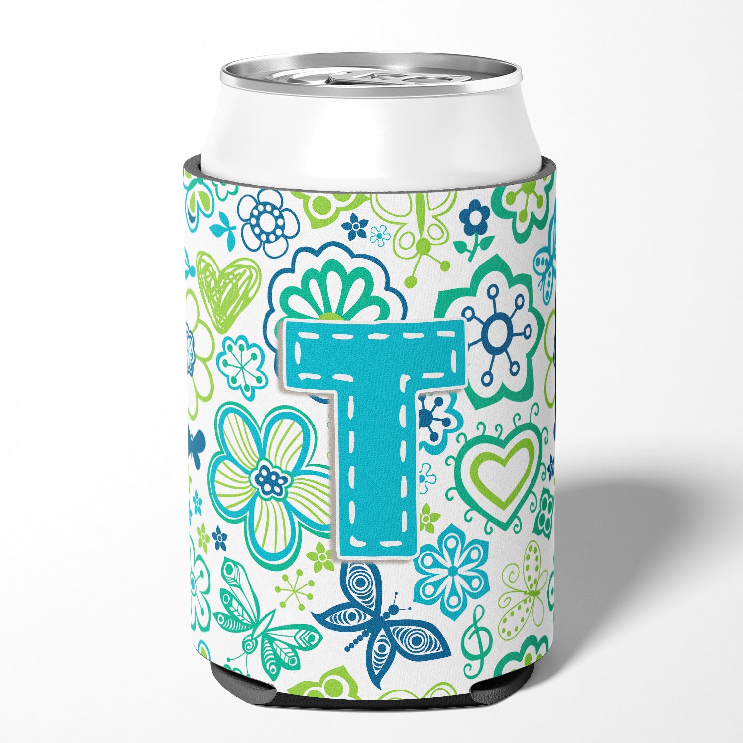 Letter T Flowers and Butterflies Teal Blue Can or Bottle Hugger CJ2006-TCC.