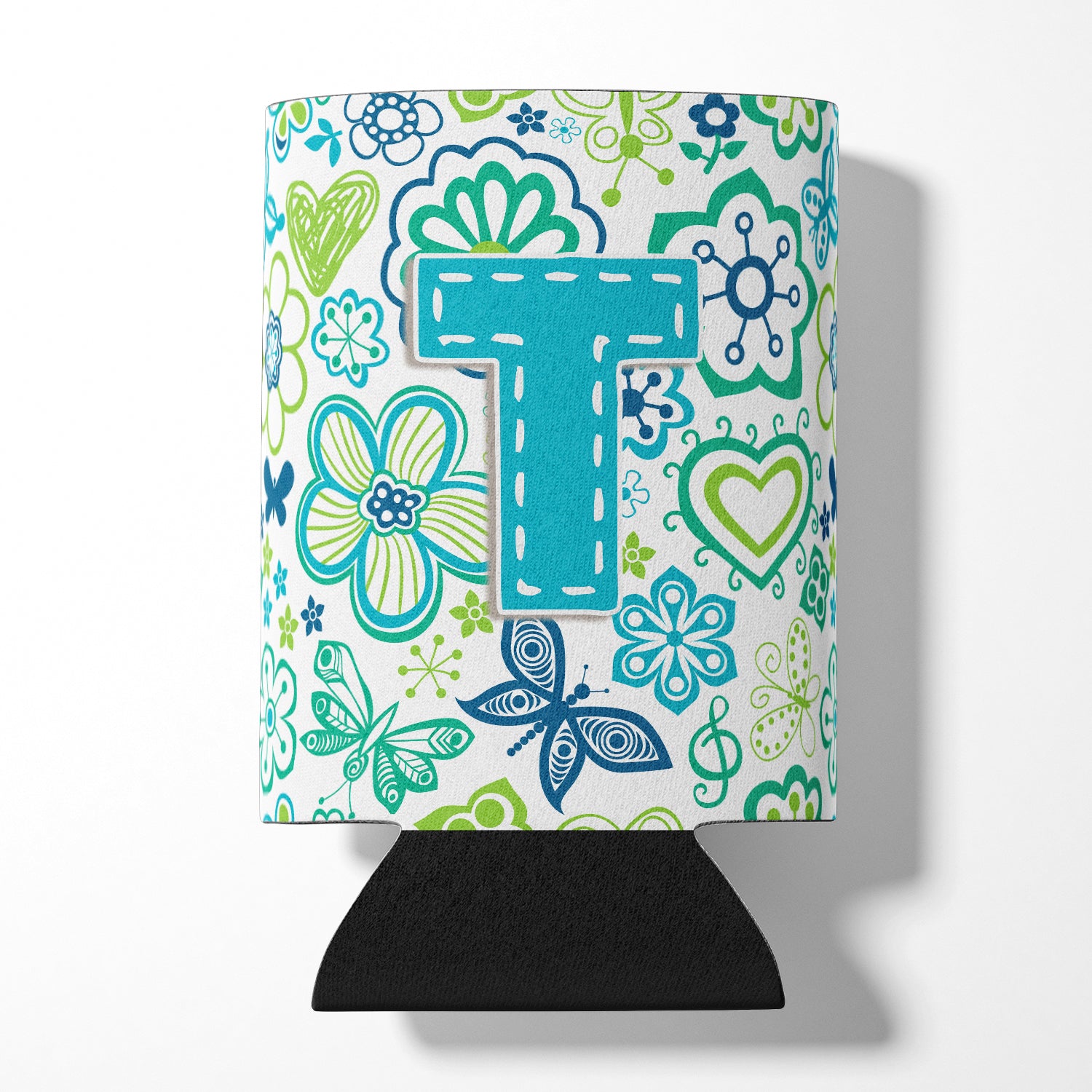 Letter T Flowers and Butterflies Teal Blue Can or Bottle Hugger CJ2006-TCC