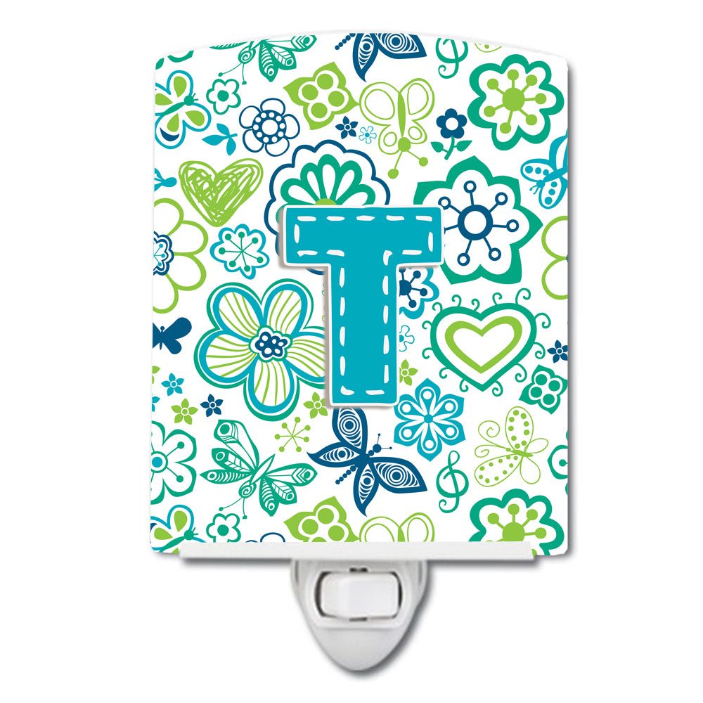 Letter T Flowers and Butterflies Teal Blue Ceramic Night Light CJ2006-TCNL - the-store.com