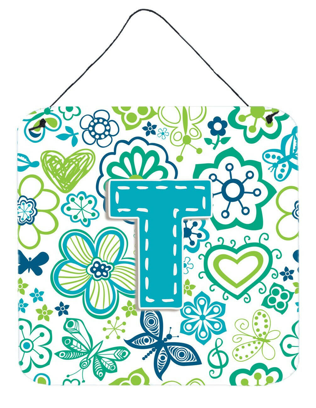 Letter T Flowers and Butterflies Teal Blue Wall or Door Hanging Prints CJ2006-TDS66 by Caroline&#39;s Treasures