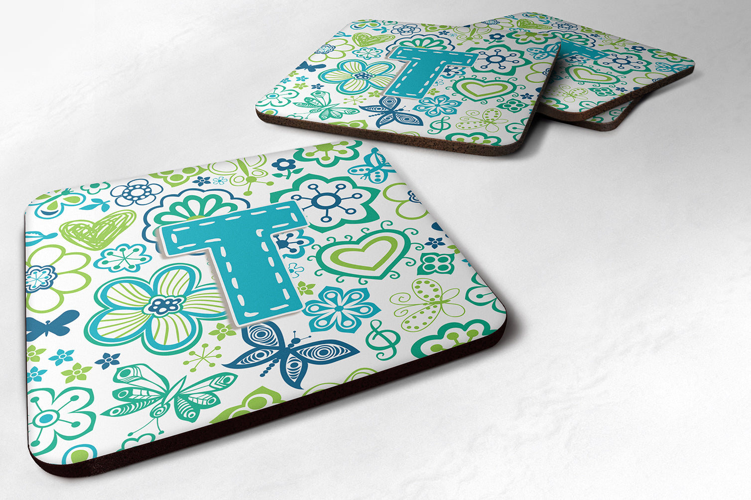 Set of 4 Letter T Flowers and Butterflies Teal Blue Foam Coasters CJ2006-TFC - the-store.com