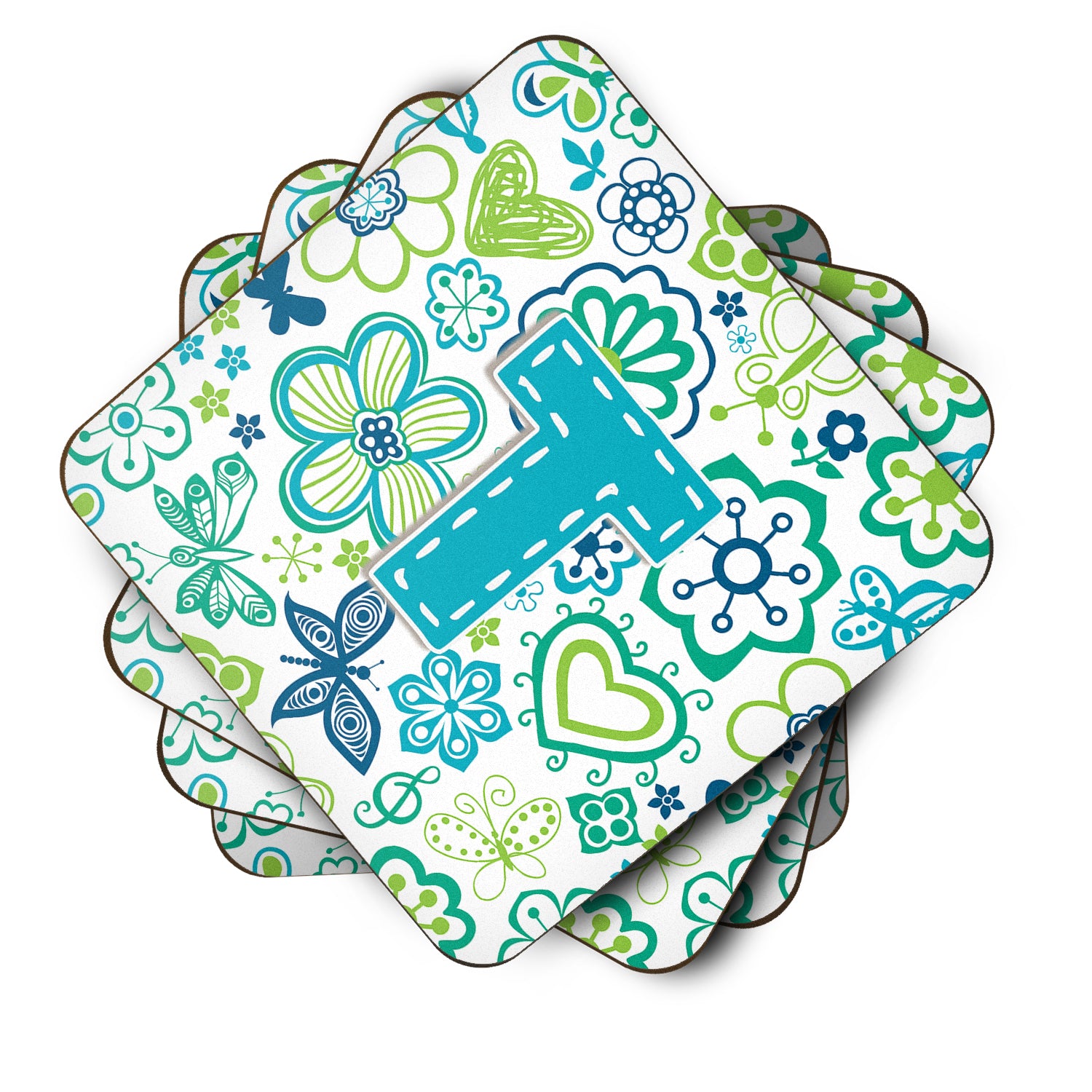 Set of 4 Letter T Flowers and Butterflies Teal Blue Foam Coasters CJ2006-TFC - the-store.com