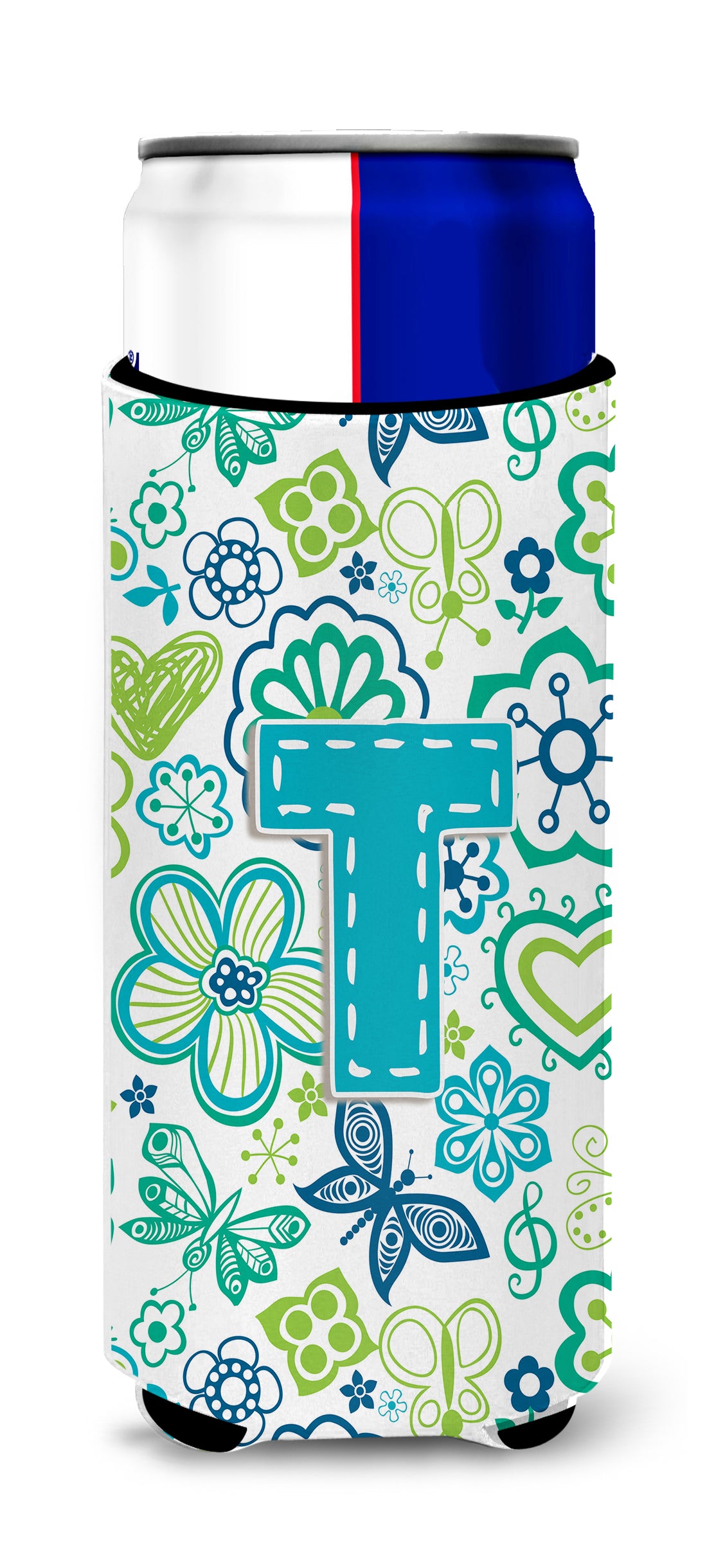 Letter T Flowers and Butterflies Teal Blue Ultra Beverage Insulators for slim cans CJ2006-TMUK