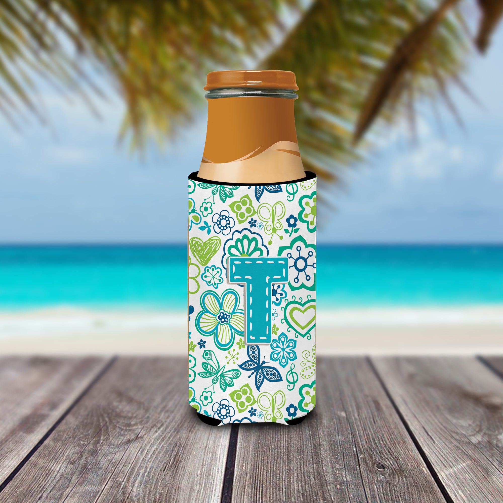 Letter T Flowers and Butterflies Teal Blue Ultra Beverage Insulators for slim cans CJ2006-TMUK.