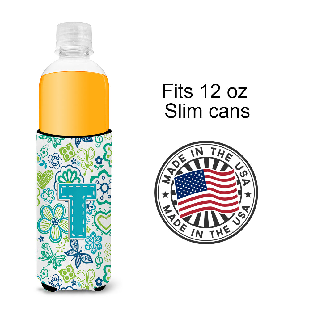 Letter T Flowers and Butterflies Teal Blue Ultra Beverage Insulators for slim cans CJ2006-TMUK.