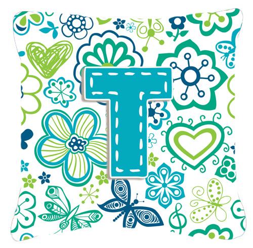 Letter T Flowers and Butterflies Teal Blue Canvas Fabric Decorative Pillow by Caroline&#39;s Treasures