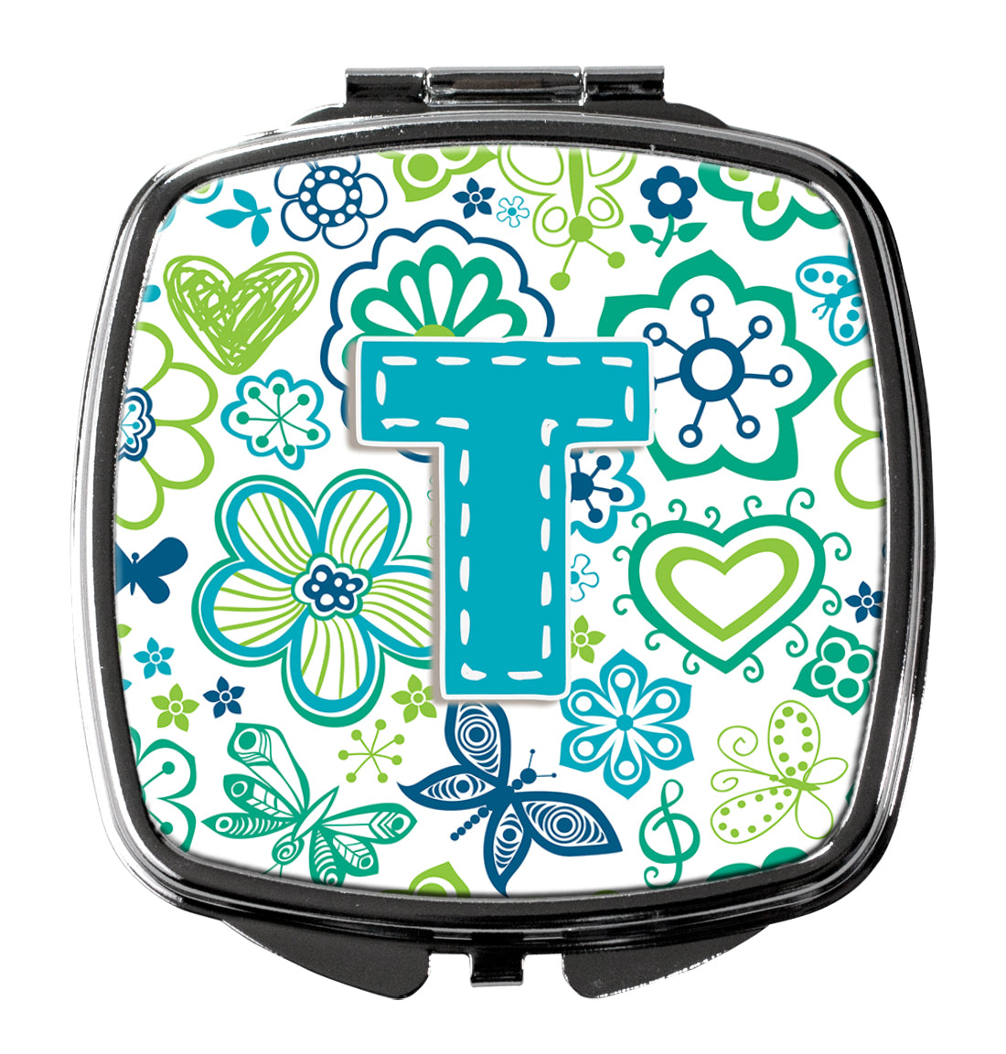 Letter T Flowers and Butterflies Teal Blue Compact Mirror CJ2006-TSCM