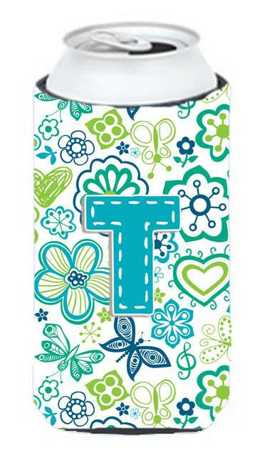Letter T Flowers and Butterflies Teal Blue Tall Boy Beverage Insulator Hugger CJ2006-TTBC by Caroline&#39;s Treasures