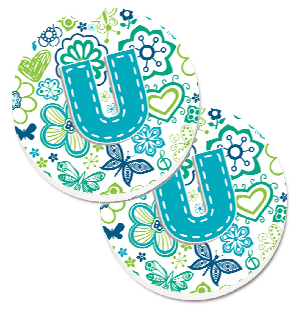 Letter U Flowers and Butterflies Teal Blue Set of 2 Cup Holder Car Coasters CJ2006-UCARC by Caroline&#39;s Treasures