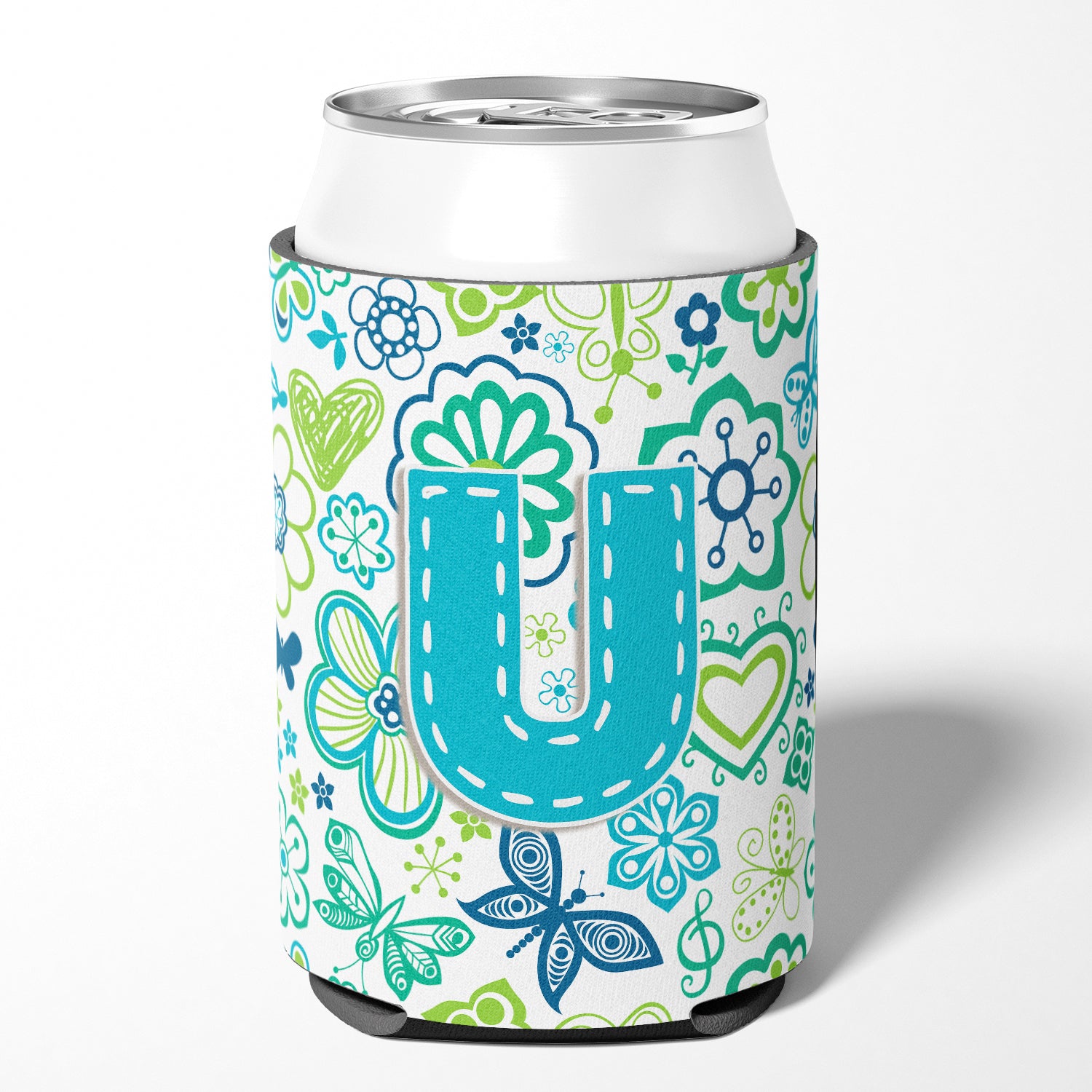 Letter U Flowers and Butterflies Teal Blue Can or Bottle Hugger CJ2006-UCC.