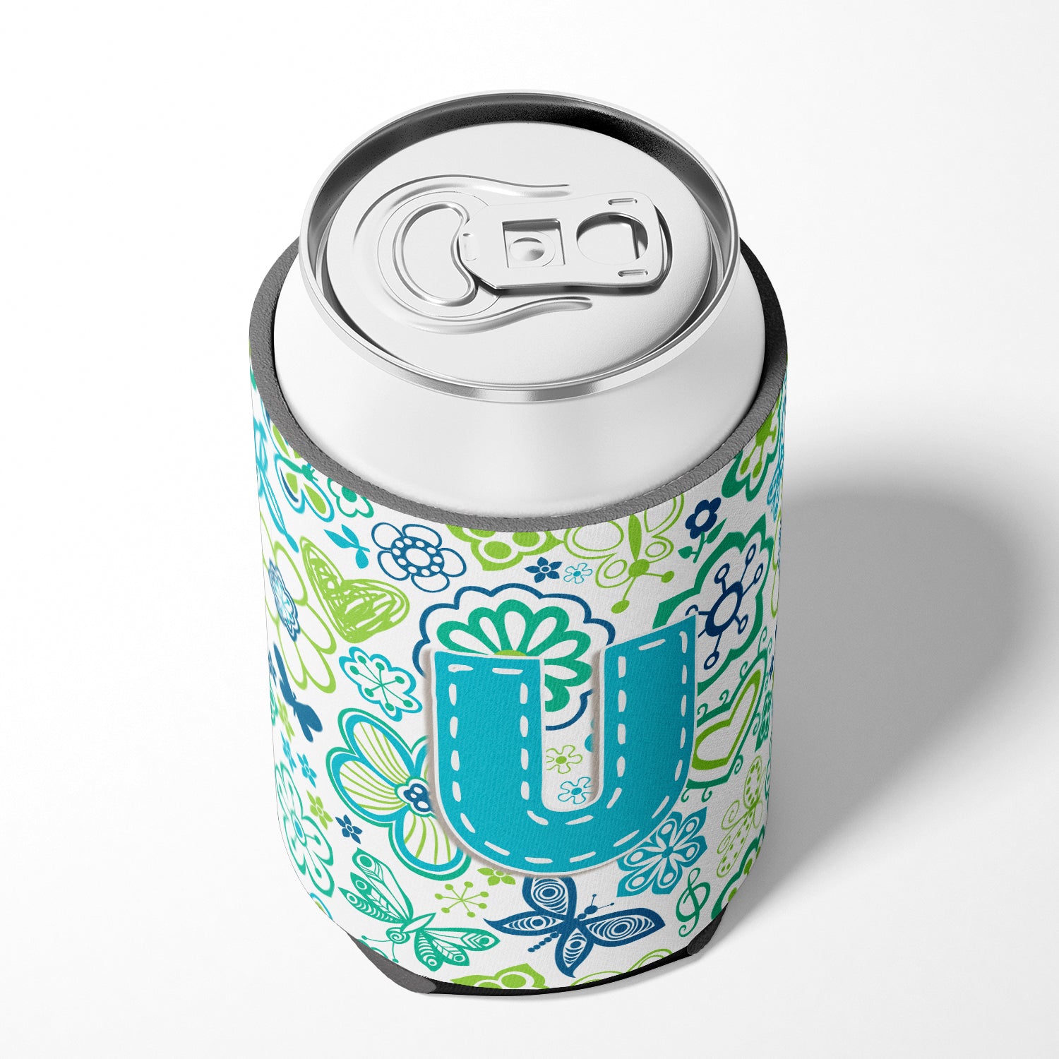 Caroline's Treasures Letter U Flowers and Butterflies Teal Blue Can or Bottle Hugger CJ2006-UCC