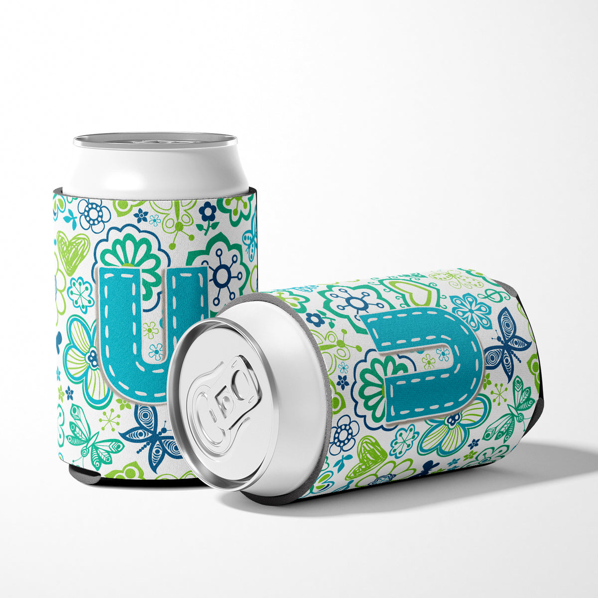 Caroline's Treasures Letter U Flowers and Butterflies Teal Blue Can or Bottle Hugger CJ2006-UCC