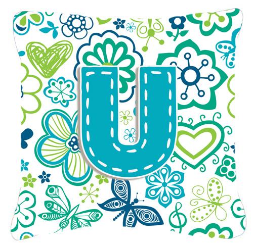 Letter U Flowers and Butterflies Teal Blue Canvas Fabric Decorative Pillow by Caroline&#39;s Treasures