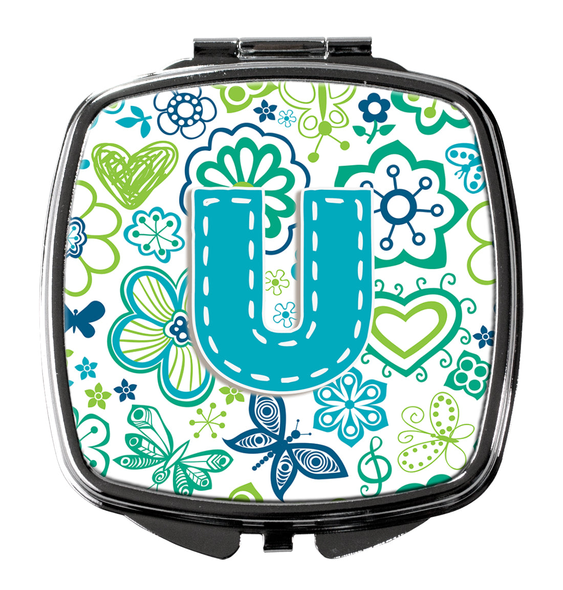 Caroline's Treasures Letter U Flowers and Butterflies Teal Blue Compact Mirror – Stylish Purse Mirror with Artistic Covers CJ2006-USCM