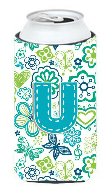 Letter U Flowers and Butterflies Teal Blue Tall Boy Beverage Insulator Hugger CJ2006-UTBC by Caroline's Treasures