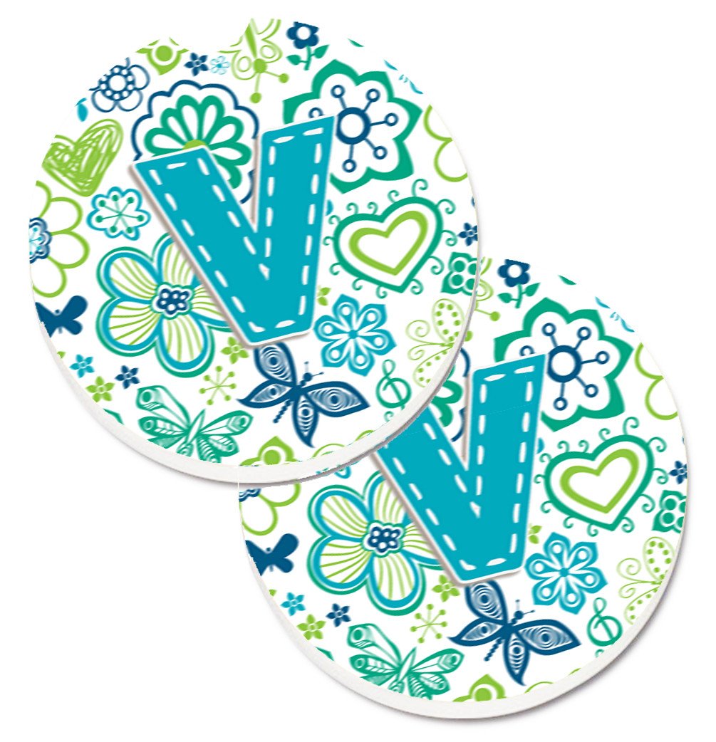 Letter V Flowers and Butterflies Teal Blue Set of 2 Cup Holder Car Coasters CJ2006-VCARC by Caroline&#39;s Treasures