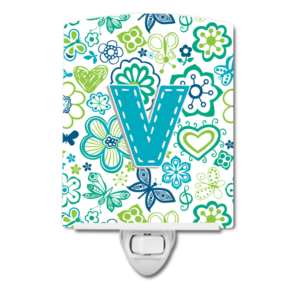 Letter V Flowers and Butterflies Teal Blue Ceramic Night Light CJ2006-VCNL - the-store.com