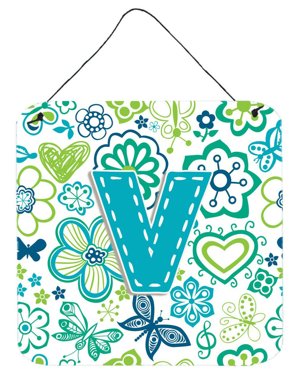 Letter V Flowers and Butterflies Teal Blue Wall or Door Hanging Prints CJ2006-VDS66 by Caroline&#39;s Treasures