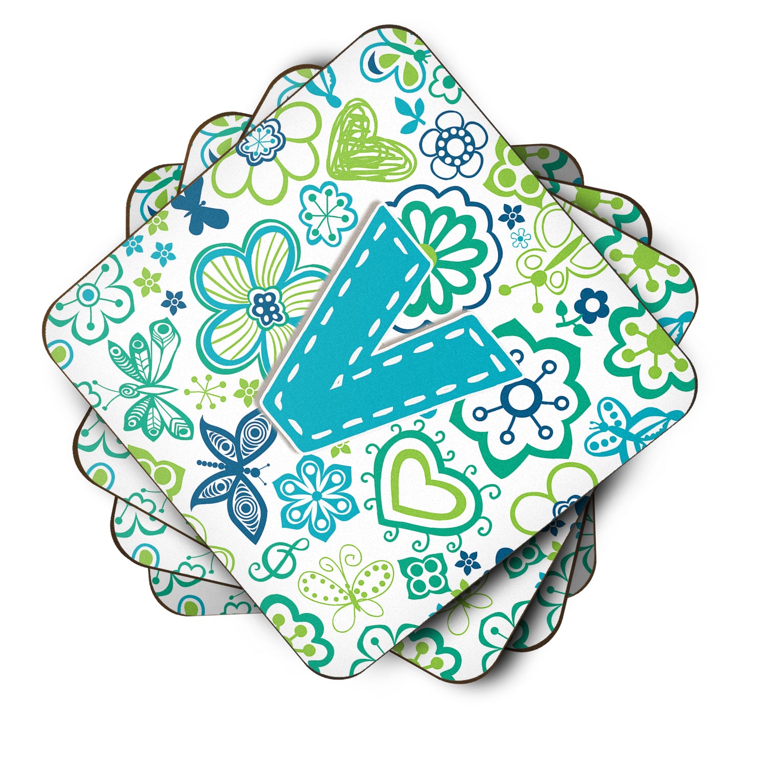 Set of 4 Letter V Flowers and Butterflies Teal Blue Foam Coasters CJ2006-VFC - the-store.com