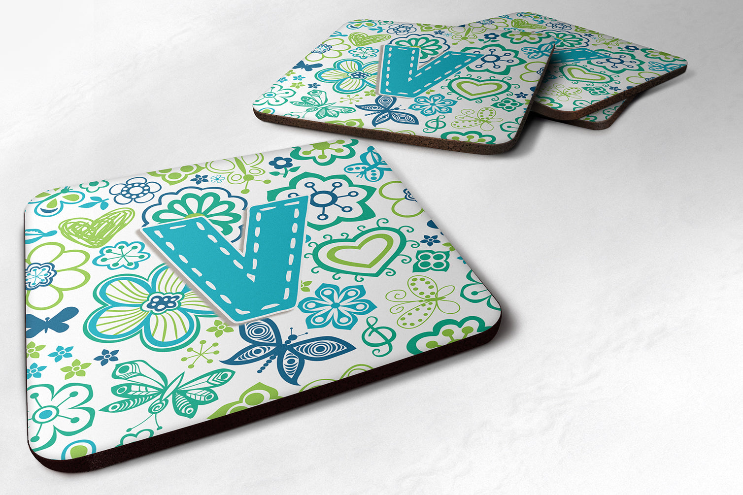 Set of 4 Letter V Flowers and Butterflies Teal Blue Foam Coasters CJ2006-VFC - the-store.com