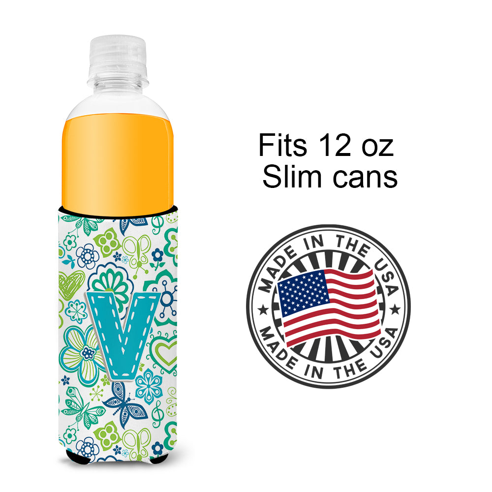 Letter V Flowers and Butterflies Teal Blue Ultra Beverage Insulators for slim cans CJ2006-VMUK.