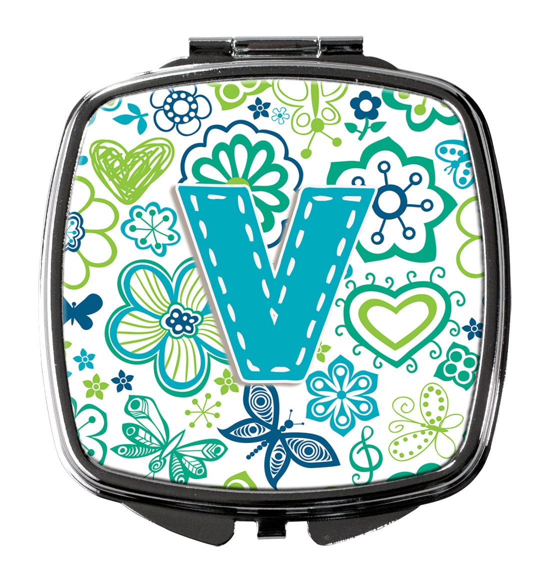 Caroline's Treasures Letter V Flowers and Butterflies Teal Blue Compact Mirror – Stylish Purse Mirror with Artistic Covers CJ2006-VSCM