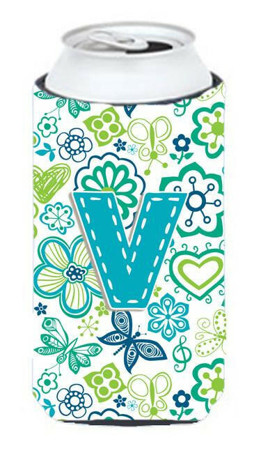Letter V Flowers and Butterflies Teal Blue Tall Boy Beverage Insulator Hugger CJ2006-VTBC by Caroline&#39;s Treasures