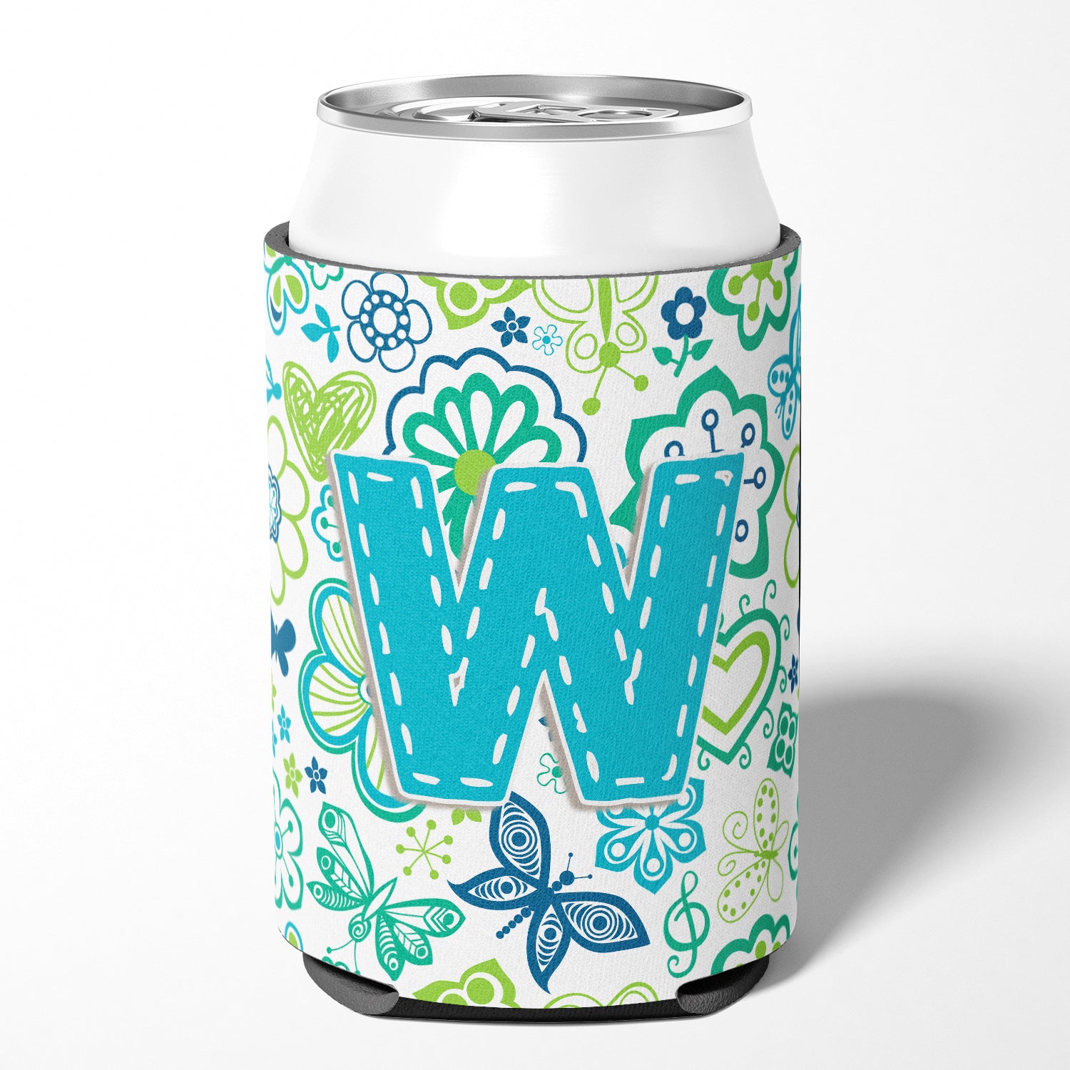 Letter W Flowers and Butterflies Teal Blue Can or Bottle Hugger CJ2006-WCC