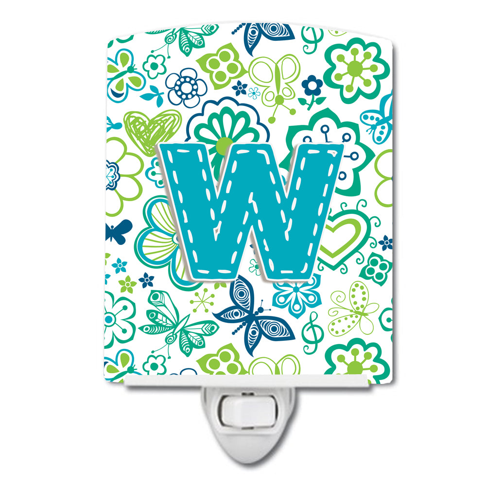 Letter W Flowers and Butterflies Teal Blue Ceramic Night Light CJ2006-WCNL - the-store.com