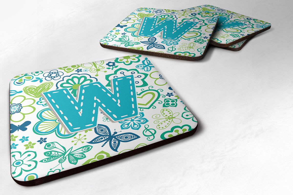 Set of 4 Letter W Flowers and Butterflies Teal Blue Foam Coasters CJ2006-WFC - the-store.com