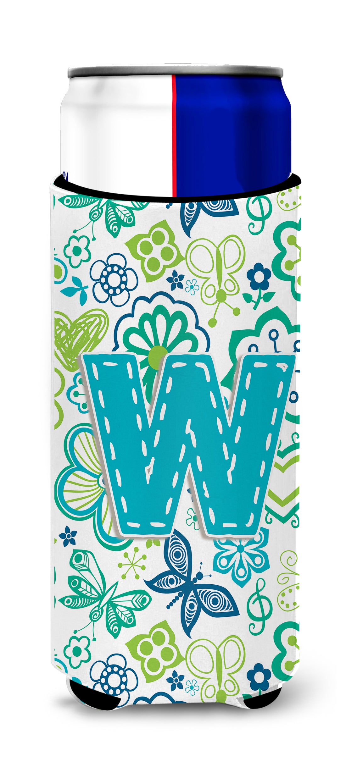 Letter W Flowers and Butterflies Teal Blue Ultra Beverage Insulators for slim cans CJ2006-WMUK.
