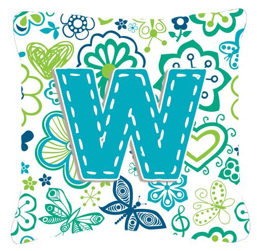 Letter W Flowers and Butterflies Teal Blue Canvas Fabric Decorative Pillow by Caroline&#39;s Treasures