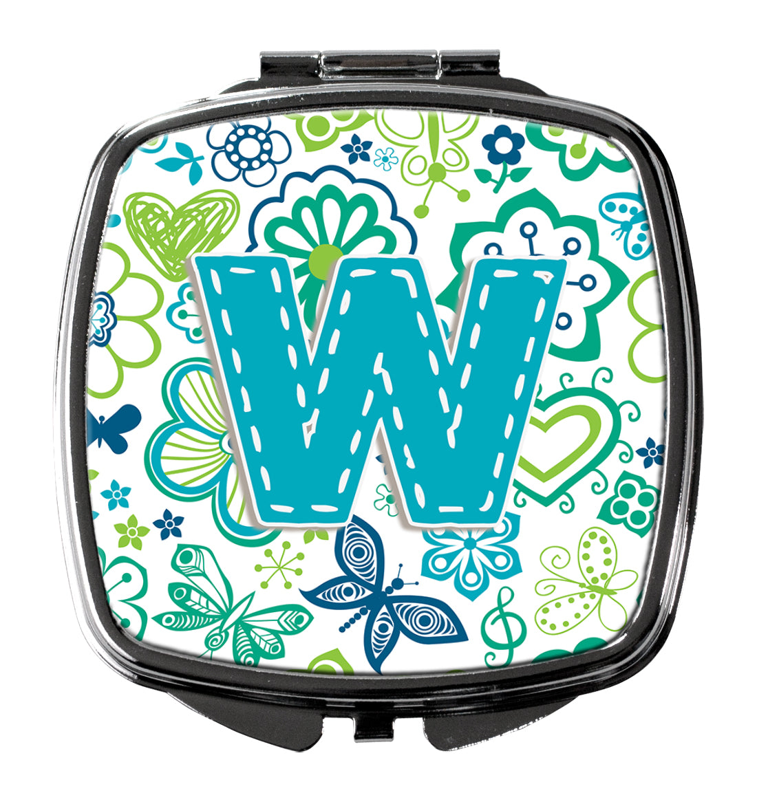 Letter W Flowers and Butterflies Teal Blue Compact Mirror CJ2006-WSCM  the-store.com.