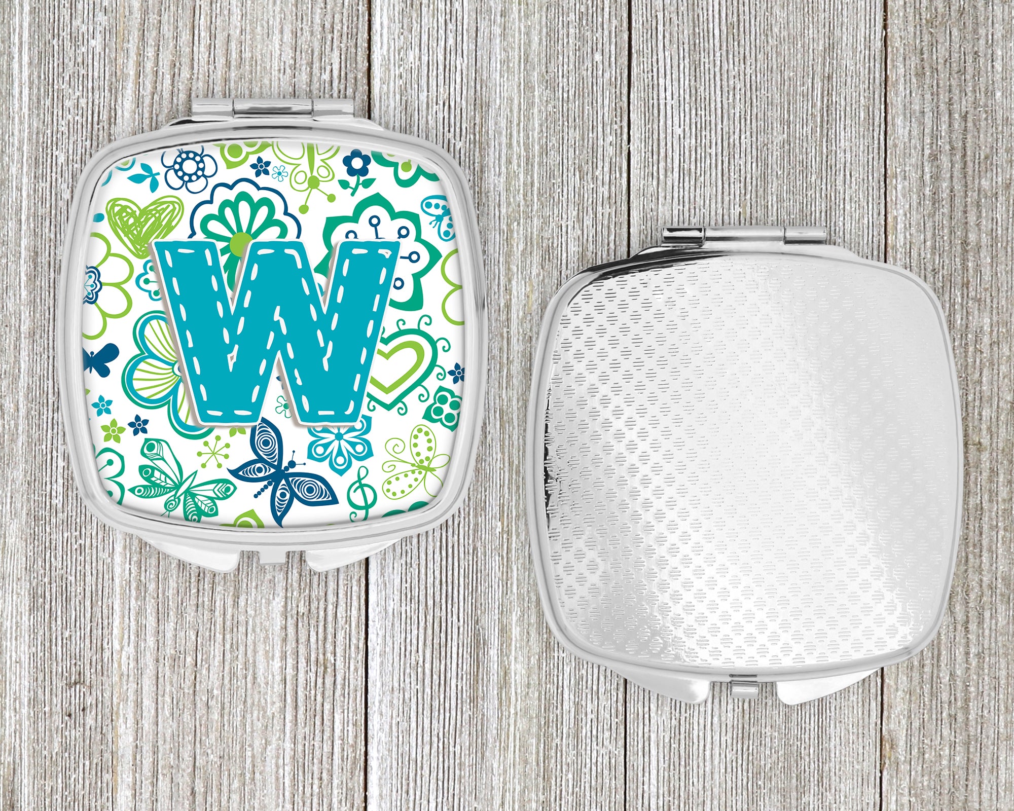 Letter W Flowers and Butterflies Teal Blue Compact Mirror CJ2006-WSCM