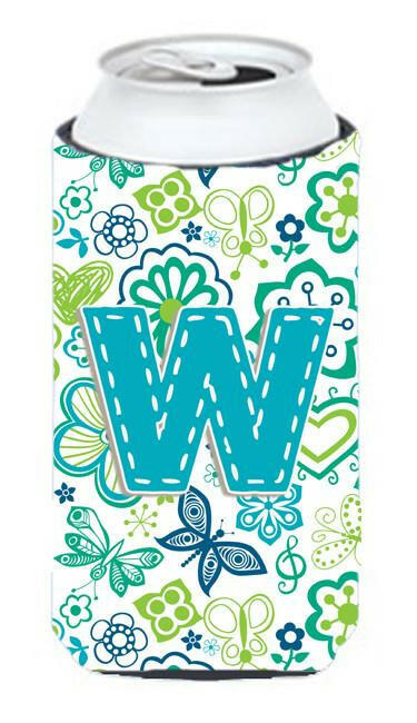Letter W Flowers and Butterflies Teal Blue Tall Boy Beverage Insulator Hugger CJ2006-WTBC by Caroline&#39;s Treasures