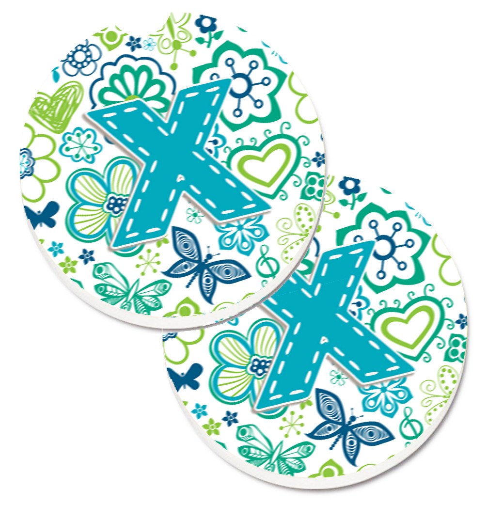 Letter X Flowers and Butterflies Teal Blue Set of 2 Cup Holder Car Coasters CJ2006-XCARC by Caroline&#39;s Treasures