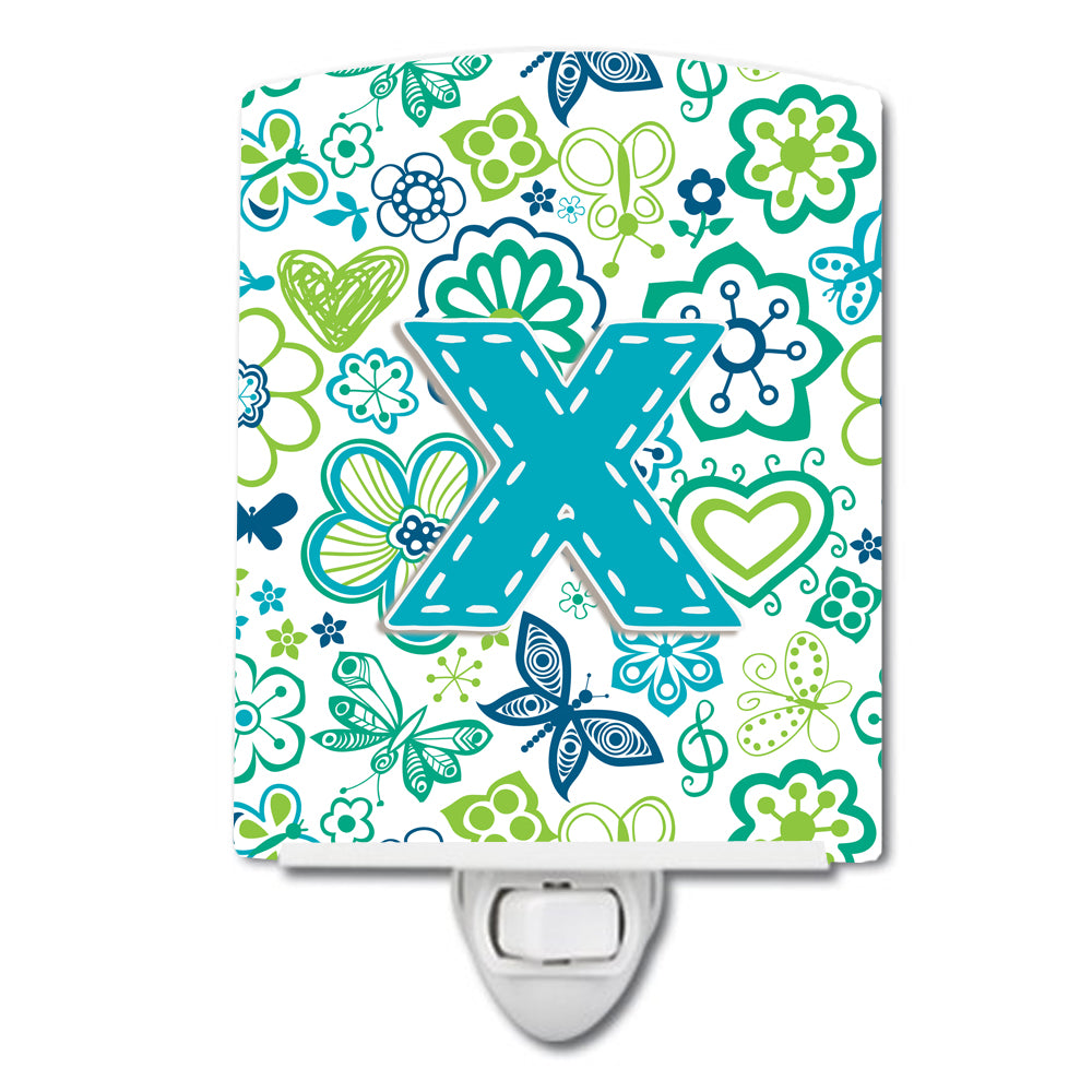 Letter X Flowers and Butterflies Teal Blue Ceramic Night Light CJ2006-XCNL - the-store.com