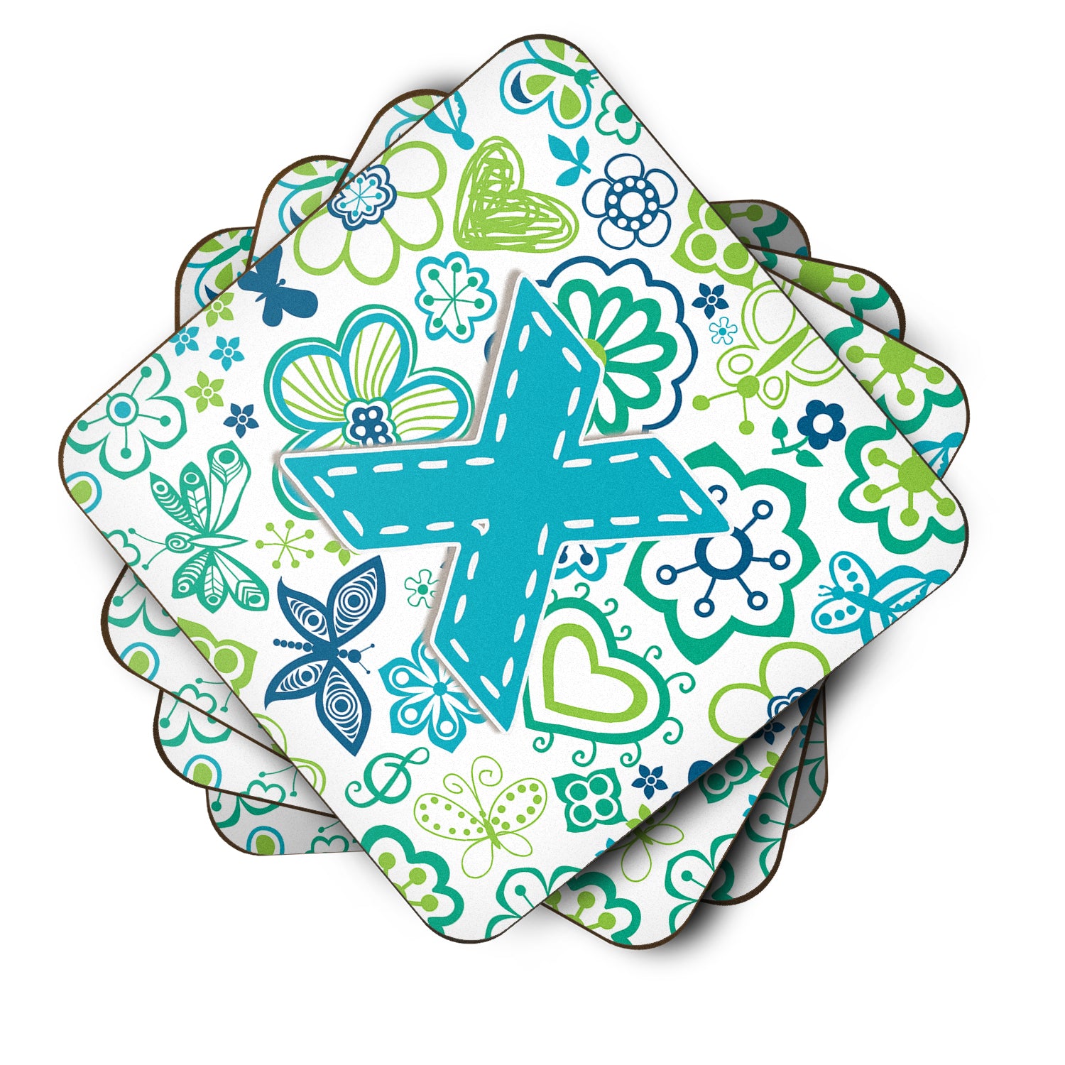 Set of 4 Letter X Flowers and Butterflies Teal Blue Foam Coasters CJ2006-XFC - the-store.com