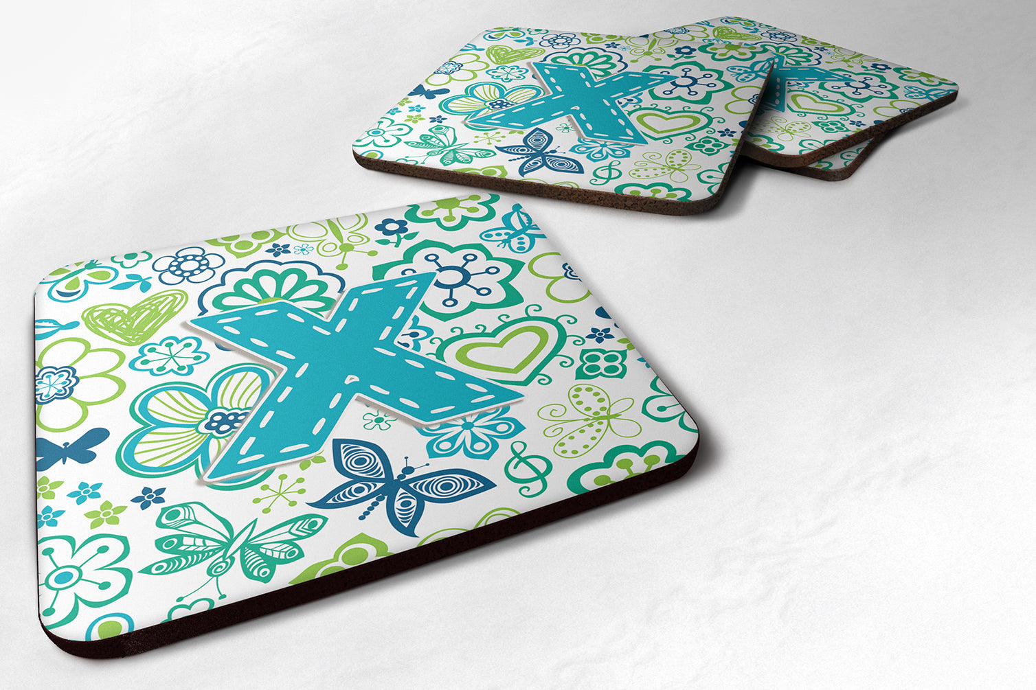 Set of 4 Letter X Flowers and Butterflies Teal Blue Foam Coasters CJ2006-XFC - the-store.com