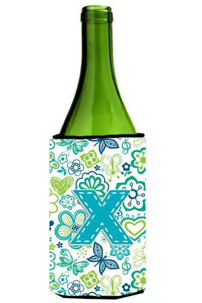 Letter X Flowers and Butterflies Teal Blue Wine Bottle Beverage Insulator Hugger CJ2006-XLITERK by Caroline&#39;s Treasures