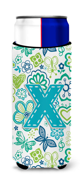 Letter X Flowers and Butterflies Teal Blue Ultra Beverage Insulators for slim cans CJ2006-XMUK