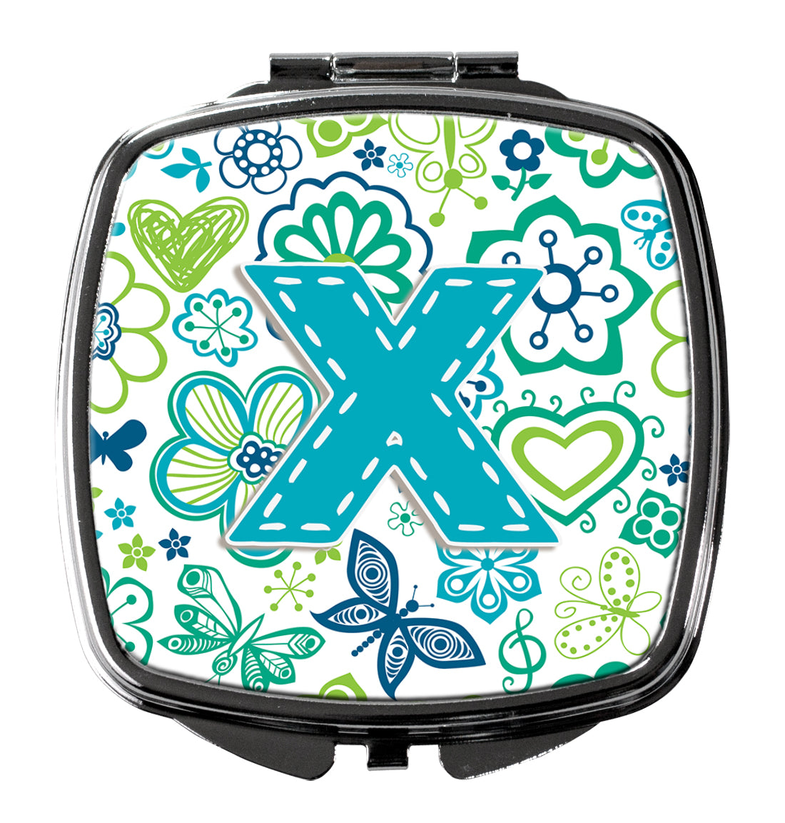 Caroline's Treasures Letter X Flowers and Butterflies Teal Blue Compact Mirror – Stylish Purse Mirror with Artistic Covers CJ2006-XSCM