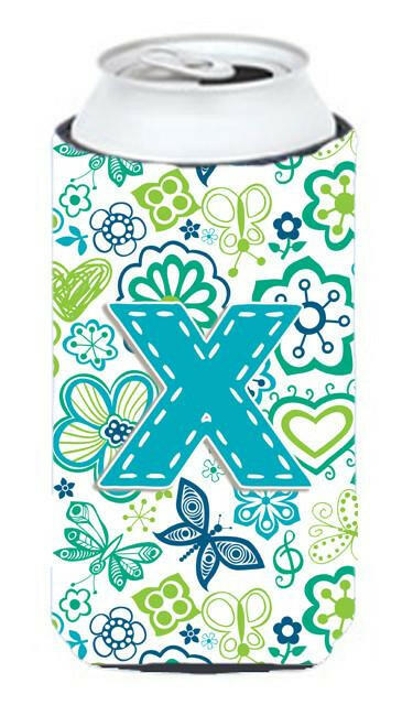 Letter X Flowers and Butterflies Teal Blue Tall Boy Beverage Insulator Hugger CJ2006-XTBC by Caroline&#39;s Treasures