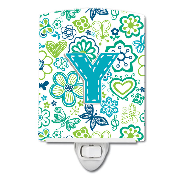 Letter Y Flowers and Butterflies Teal Blue Ceramic Night Light CJ2006-YCNL - the-store.com
