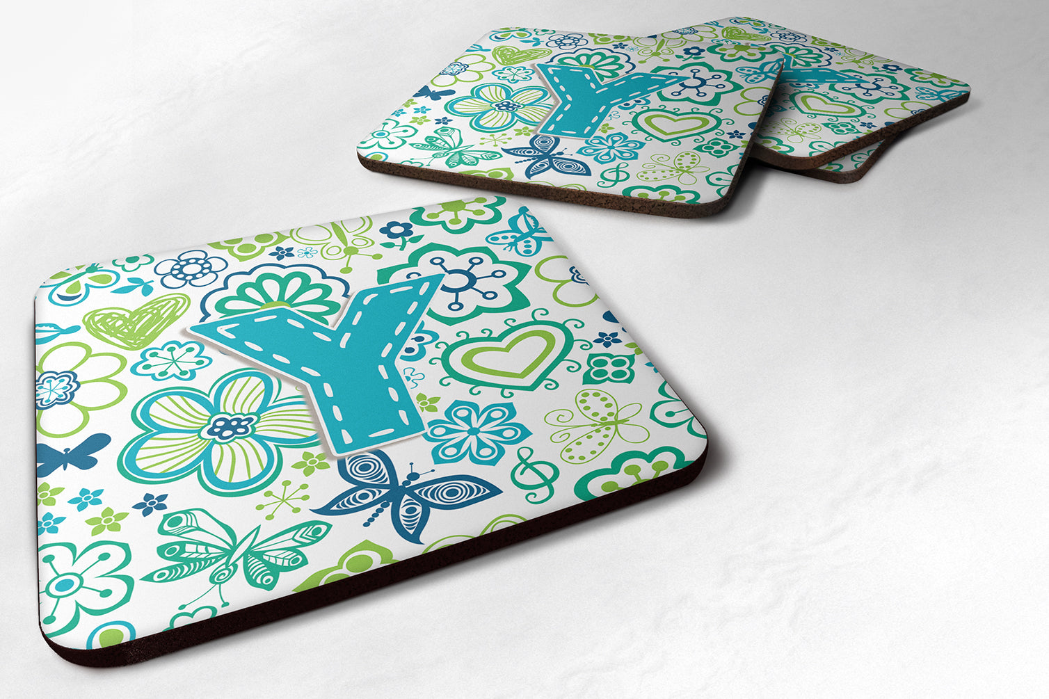 Set of 4 Letter Y Flowers and Butterflies Teal Blue Foam Coasters CJ2006-YFC - the-store.com