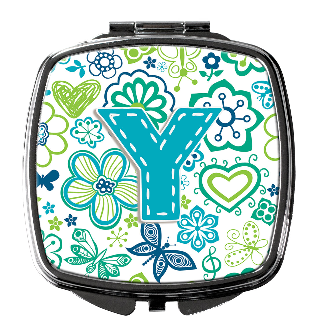 Caroline's Treasures Letter Y Flowers and Butterflies Teal Blue Compact Mirror – Stylish Purse Mirror with Artistic Covers CJ2006-YSCM
