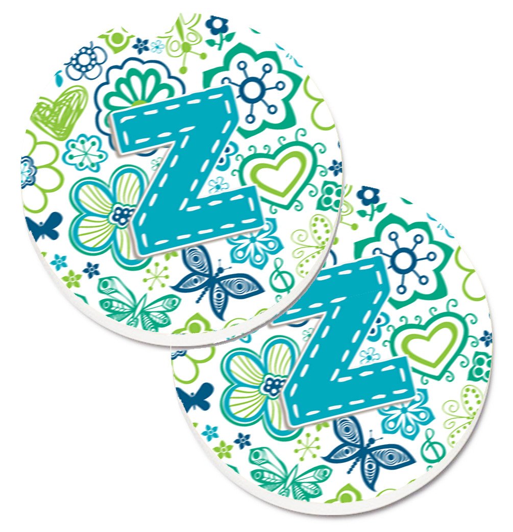 Letter Z Flowers and Butterflies Teal Blue Set of 2 Cup Holder Car Coasters CJ2006-ZCARC by Caroline&#39;s Treasures